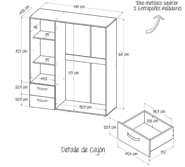 Armario - 3 puertas 2 cajones