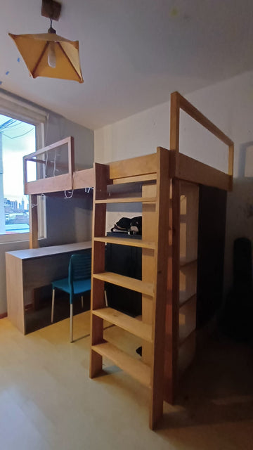 litera de pino y chapa con armario y estantería