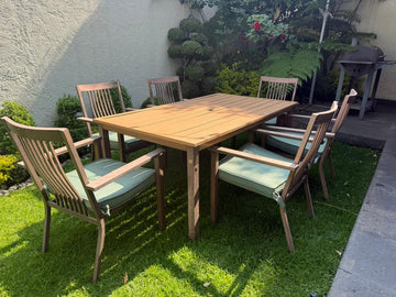 MESA DE JARDÍN ESTRUCTURA METÁLICA CON COJINES + 6 SILLAS